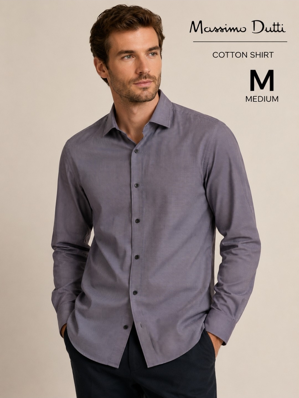 Massimo Dutti Cotton Button Down Dress Shirt Men's Grey Micro Check Medium